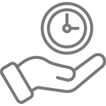 Gray icon of a hand holding a clock representing time efficiency or time management