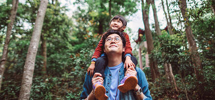 Adult carrying a child on their shoulders