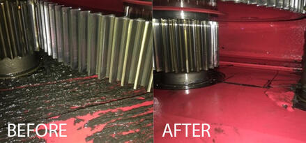 Before and after view of industrial gear housing with residue buildup and cleaned surface